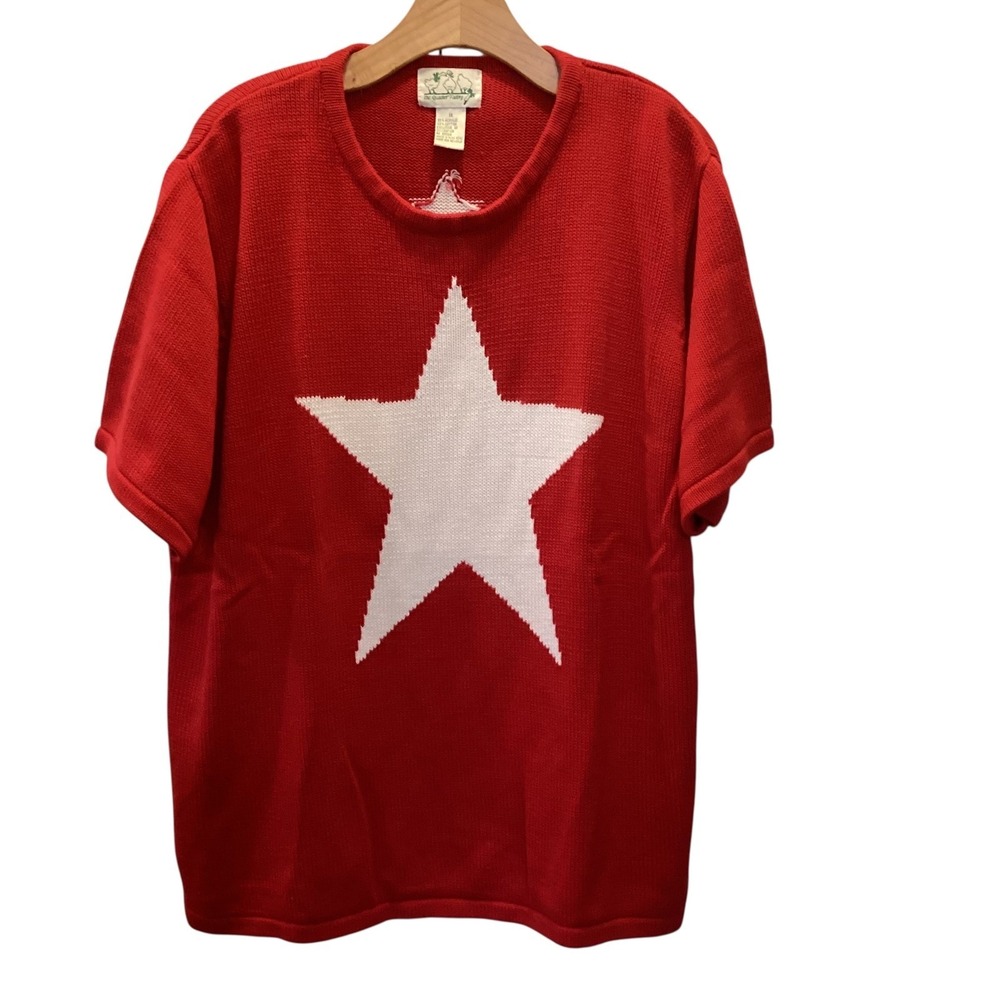 The Quacker Factory Red Star Knit Short Sleeve Sweater Plus Size 1X Crewneck